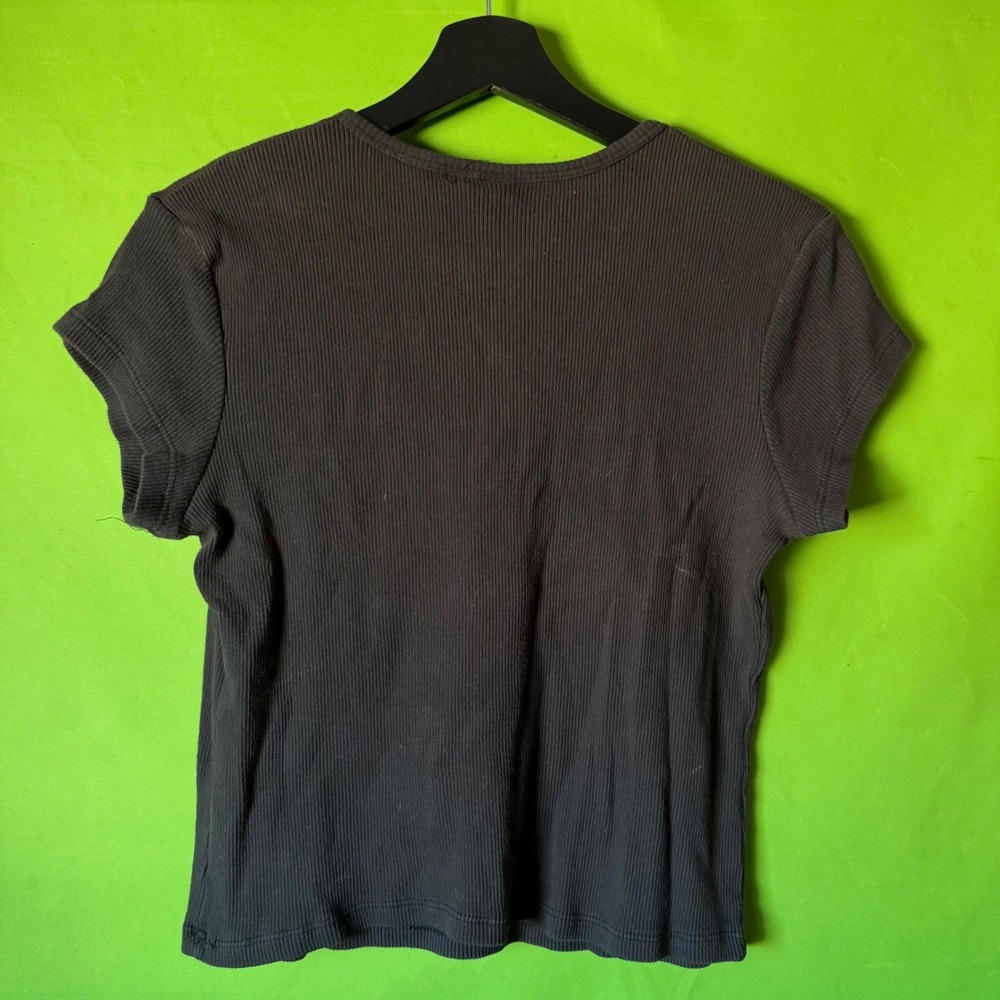 90s VTG Xhilaration Women Ribbed Henley Tee Bulldog Dog American Flag Gray Large - Picture 3 of 5